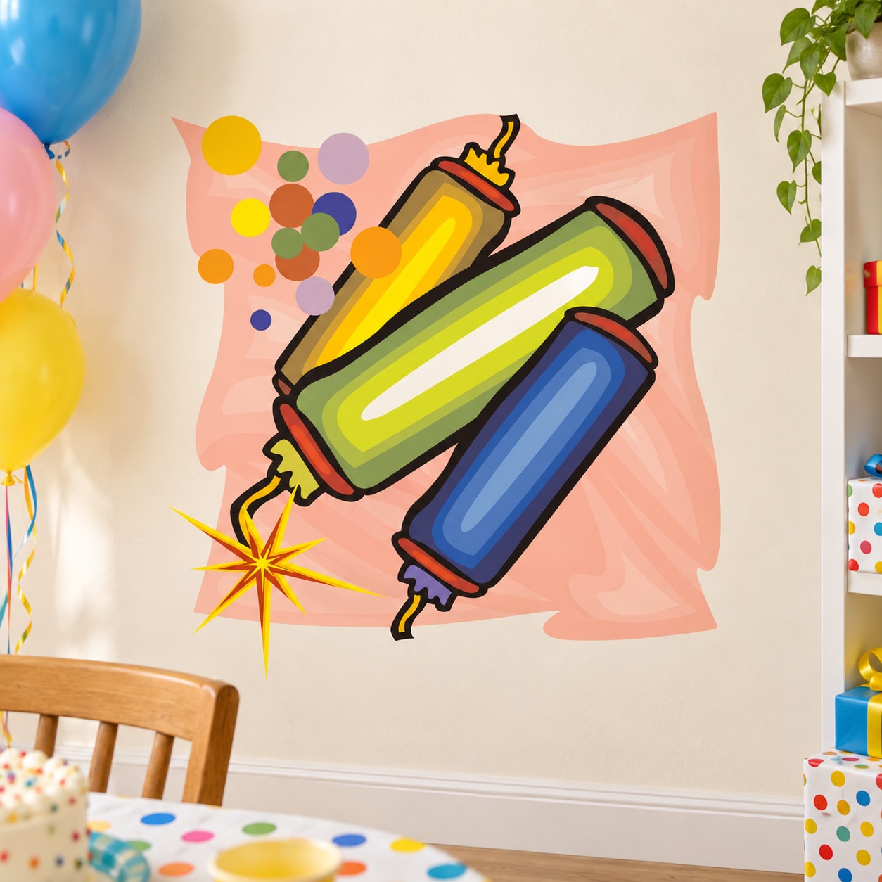 Colorful streamer bottle party sticker with two bottle shapes, confetti dots, and sparkler star