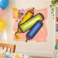 Colorful streamer bottle party sticker with two bottle shapes, confetti dots, and sparkler star