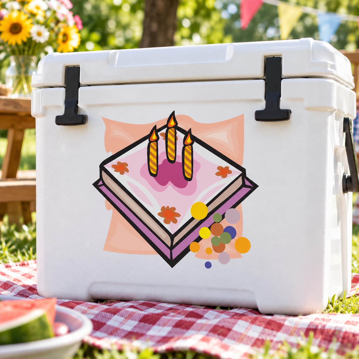 Birthday cake sticker on white cooler, colorful candles and confetti