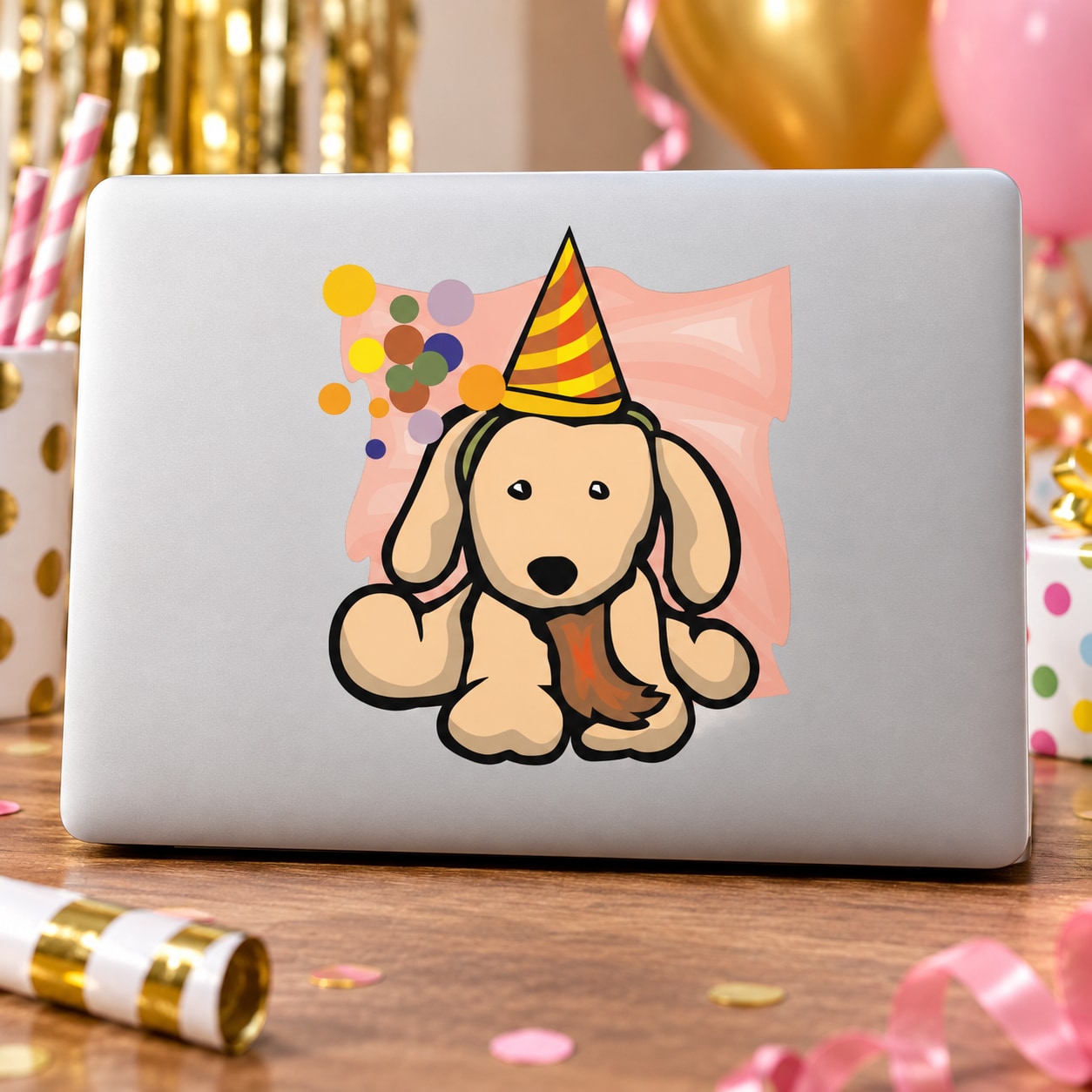 Holiday birthday puppy sticker with a beige dog wearing a yellow party hat and confetti