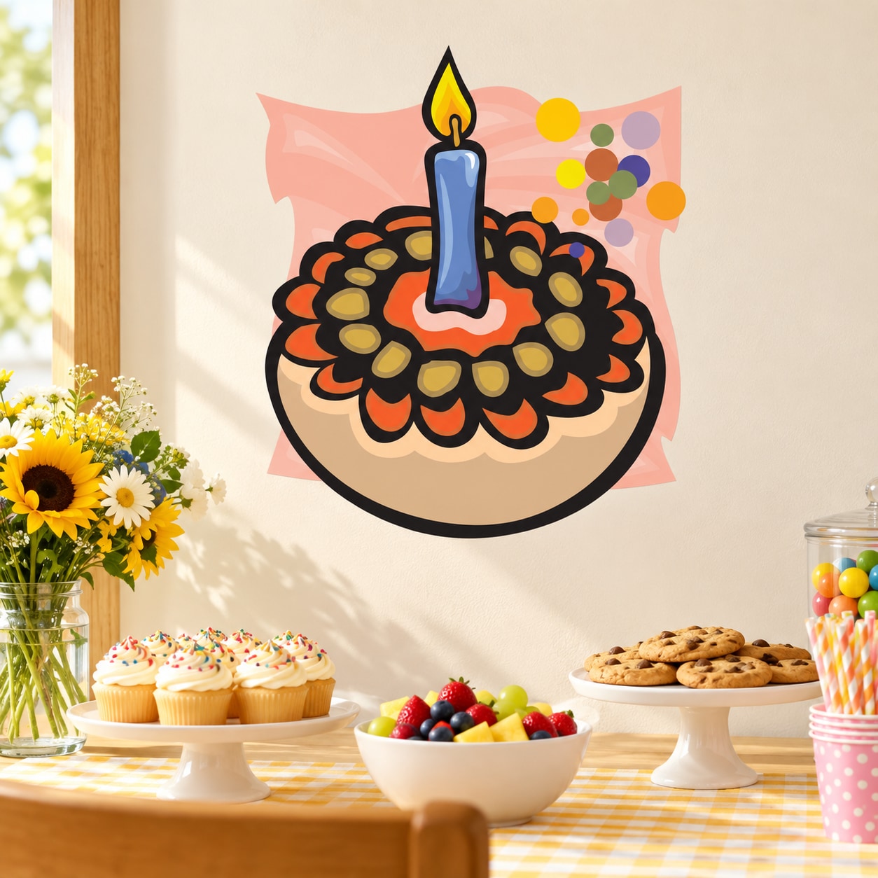 Birthday cupcake sticker with candle and flame, pink confetti burst background