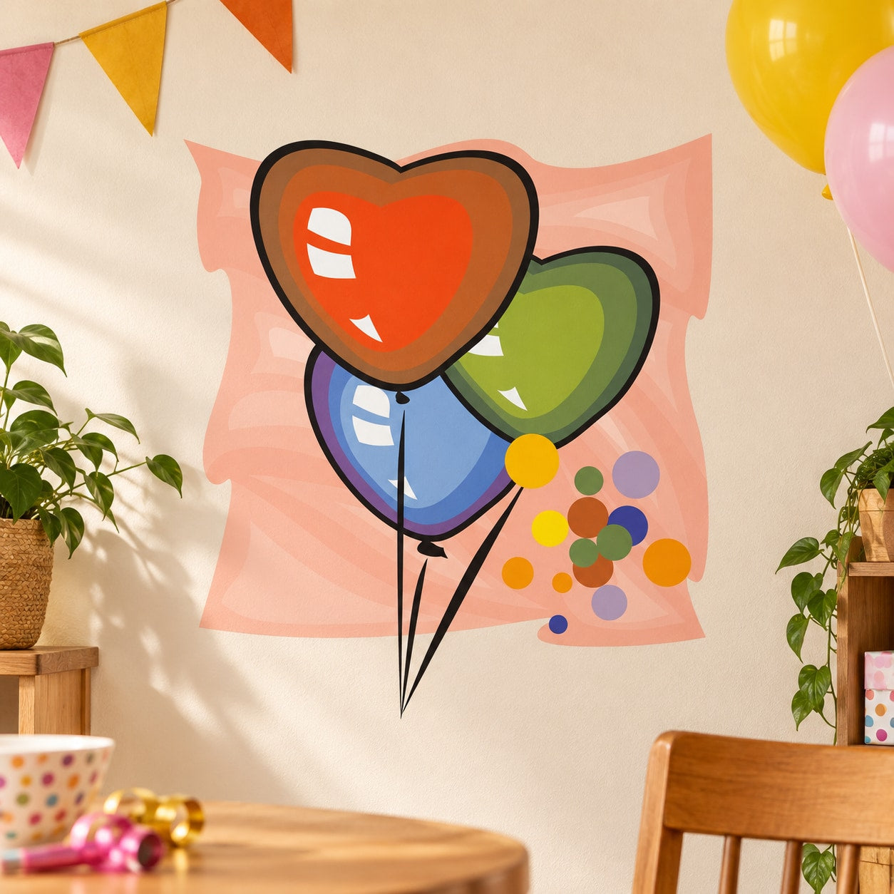 Heart-shaped balloon sticker with red and green balloons, strings, and confetti dots