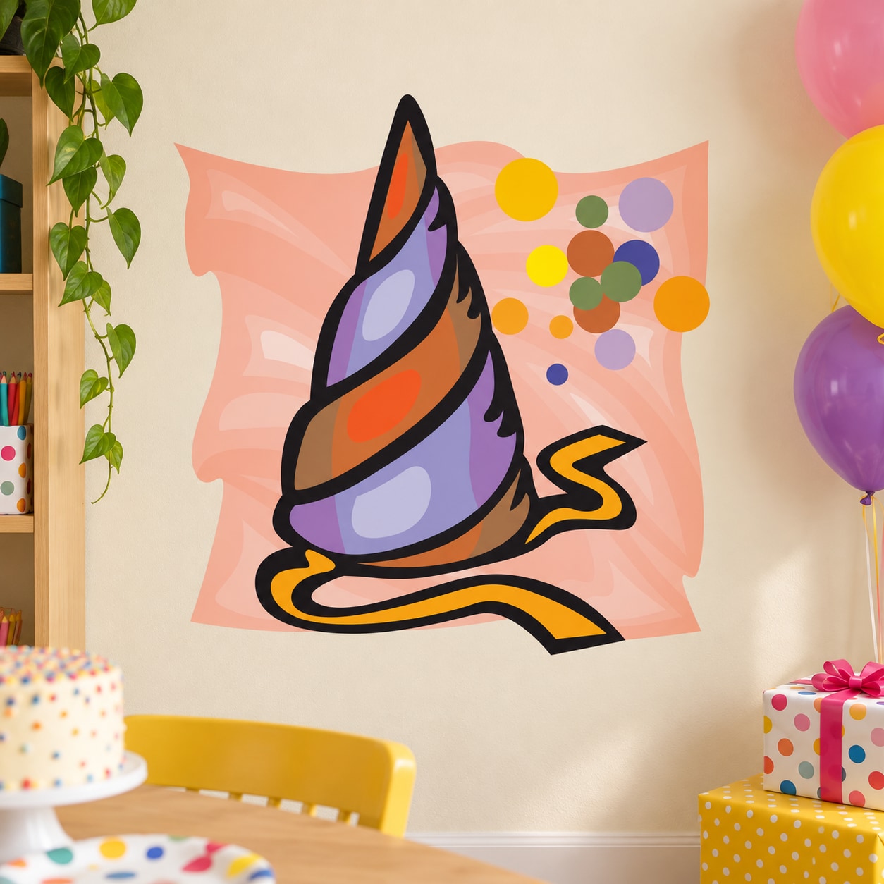 Colorful cartoon party hat sticker with pink background and confetti dot accents