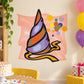 Colorful cartoon party hat sticker with pink background and confetti dot accents