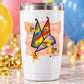 Birthday party hats sticker design with colorful cone hats and confetti on white
