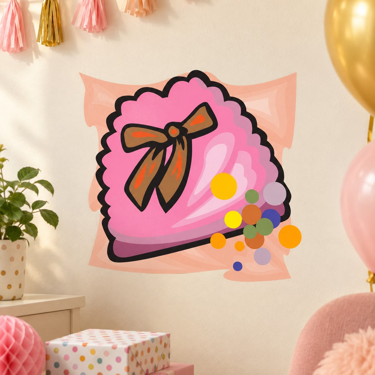 Pink party pouch sticker with bow and multicolor confetti design