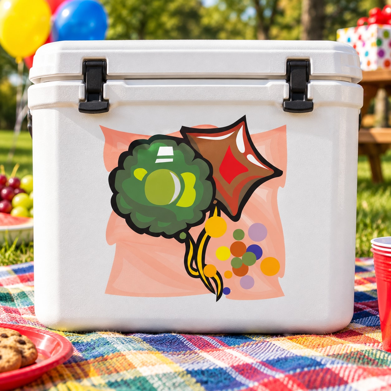 Balloon and star decorative sticker with green graphic and colorful confetti on cooler