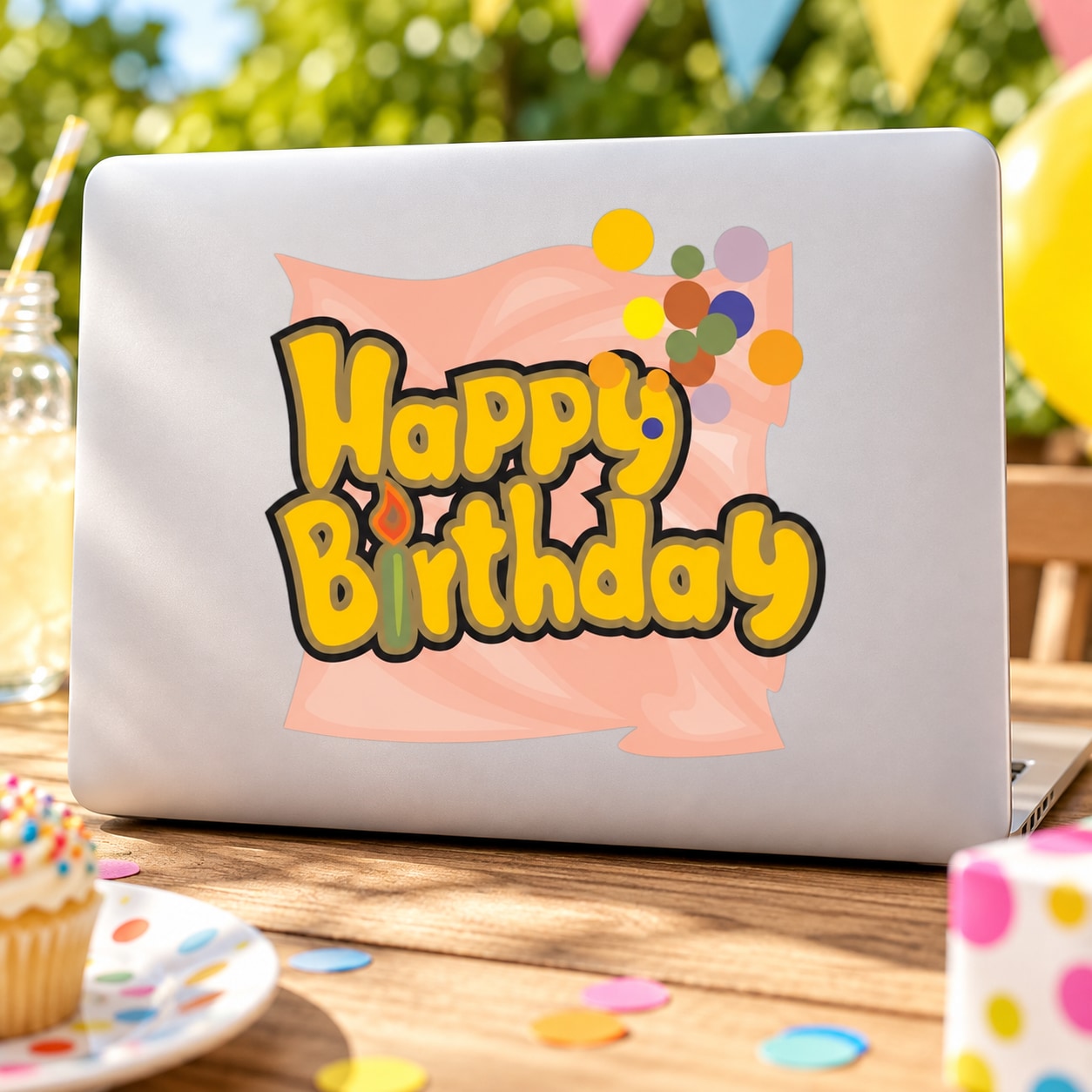 Happy Birthday sticker with bold yellow and pink lettering and confetti design