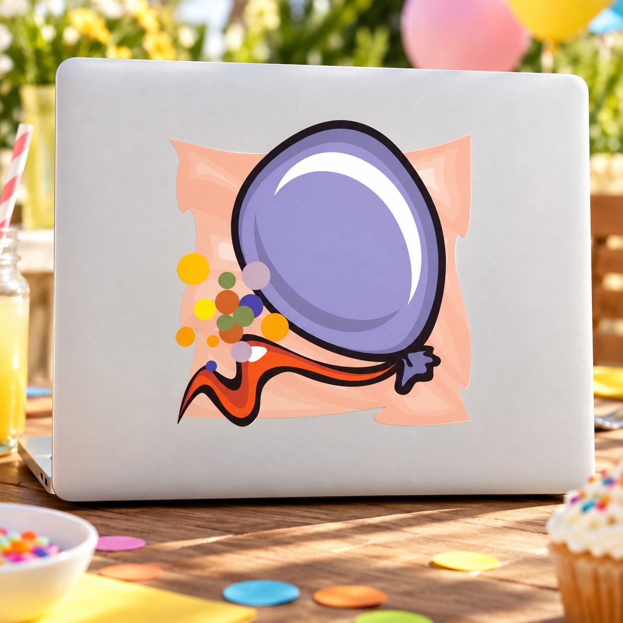 Purple floating balloon sticker with confetti and ribbon banner on a light surface