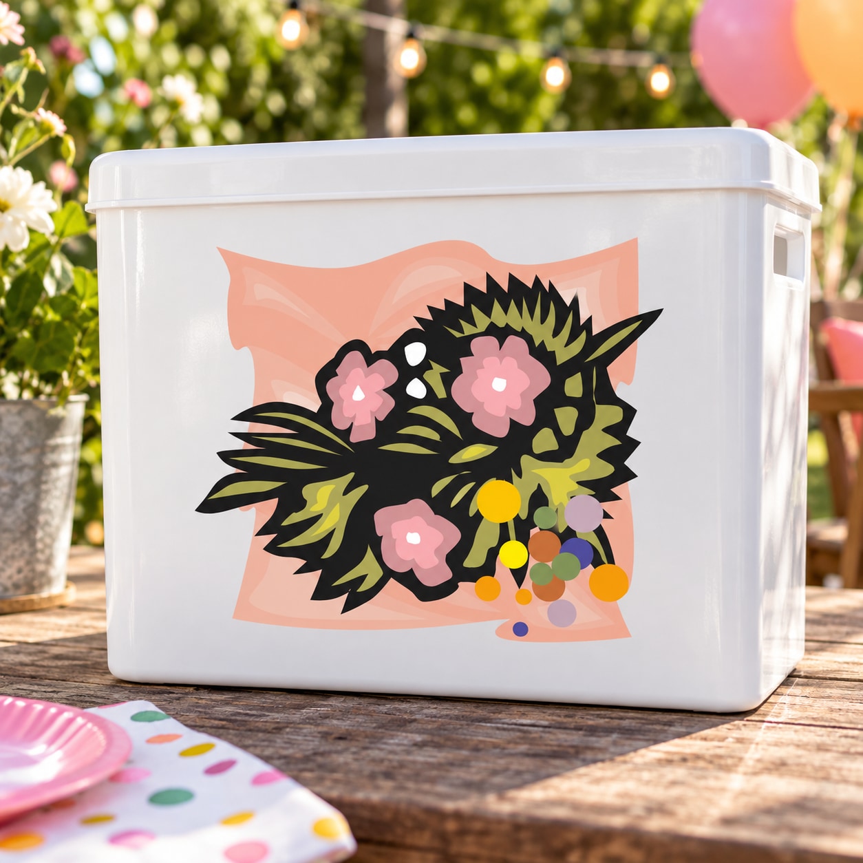Floral holiday sticker with pink flowers, green leaves, and multicolor confetti accents