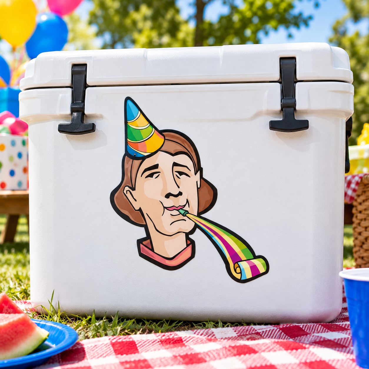 Birthday blower sticker decal with cartoon man holding party horn