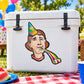 Birthday blower sticker decal with cartoon man holding party horn