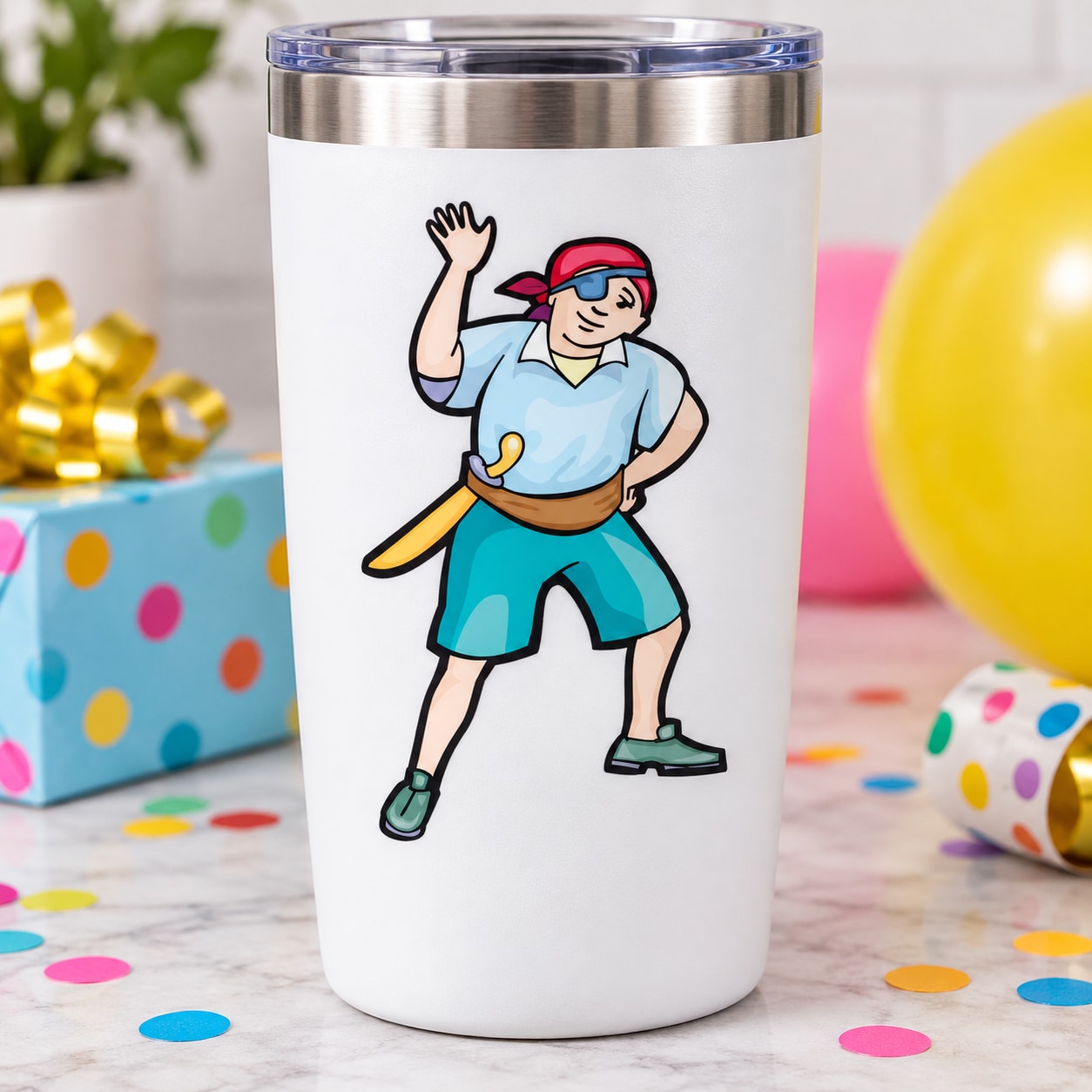 Kids pirate character decal on white insulated tumbler with silver lid