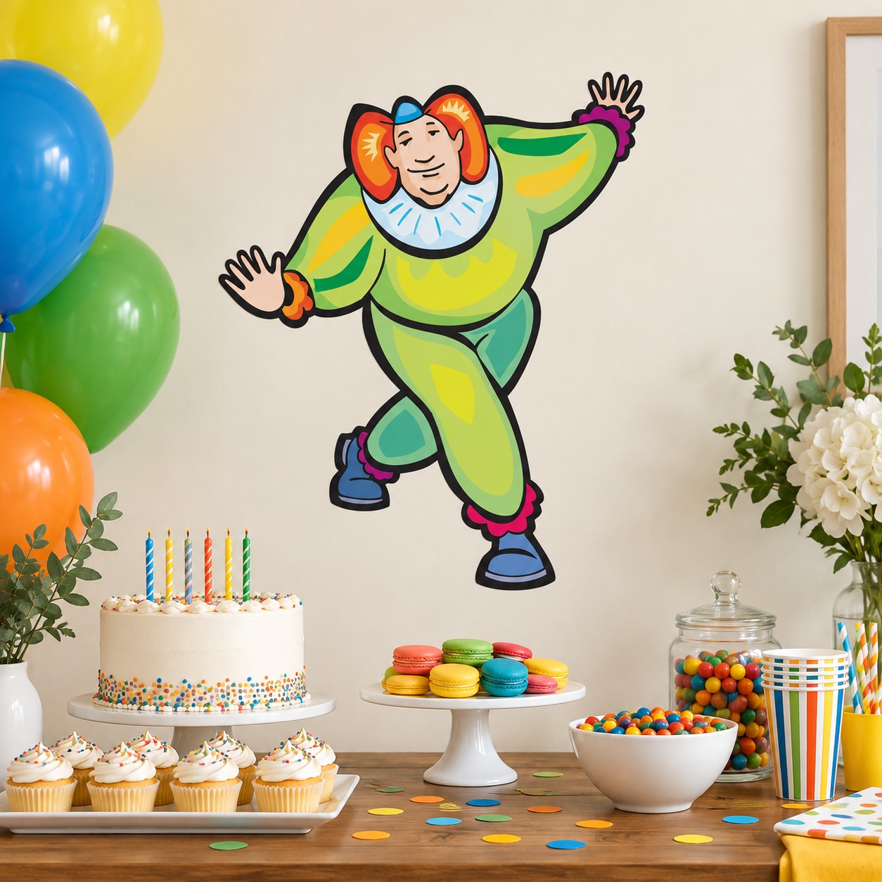 Colorful cartoon clown sticker with green outfit and raised arms