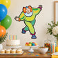 Colorful cartoon clown sticker with green outfit and raised arms