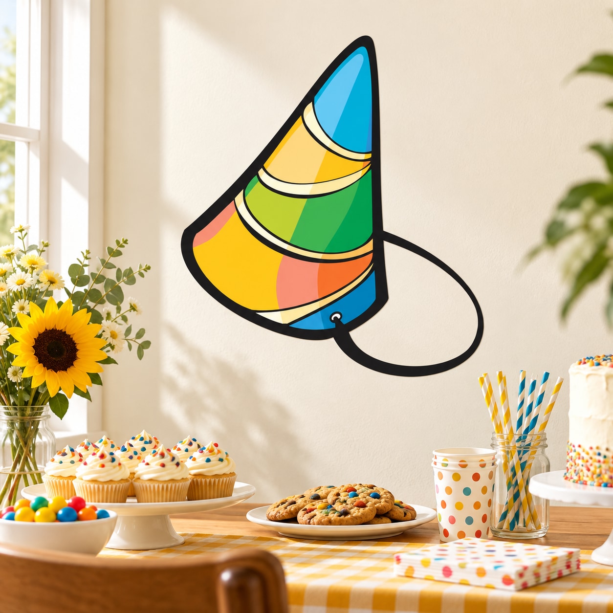 Colorful party hat sticker with striped cone, black outline, and dangling string