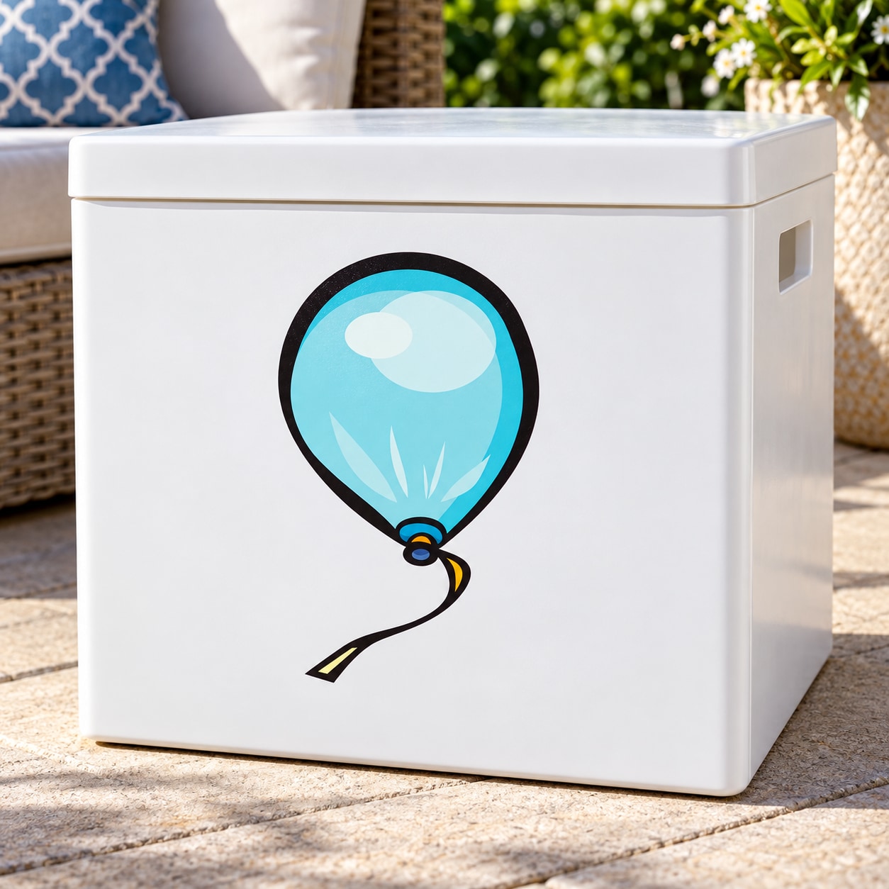 Flying birthday balloon sticker, blue balloon with ribbon on white surface