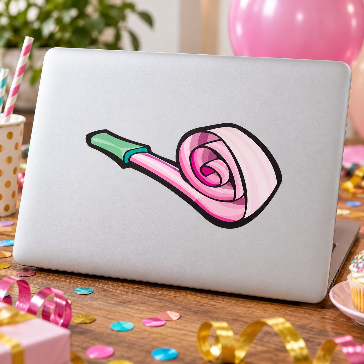 Birthday party blower sticker, pink megaphone graphic