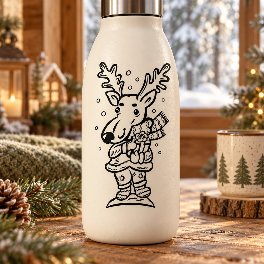 White bottle with black reindeer decal wearing winter clothes and scarf