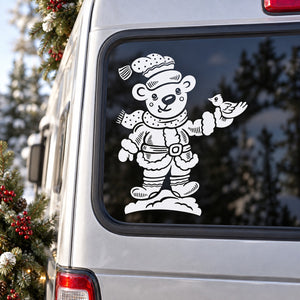 Santa bear car window decal, white cartoon bear in Santa suit with striped scarf