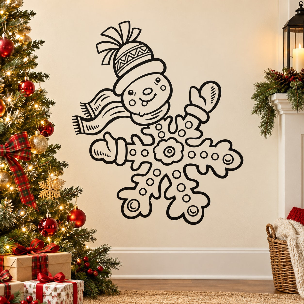 Christmas snowflake decal with smiling snowman and scarf, black outline