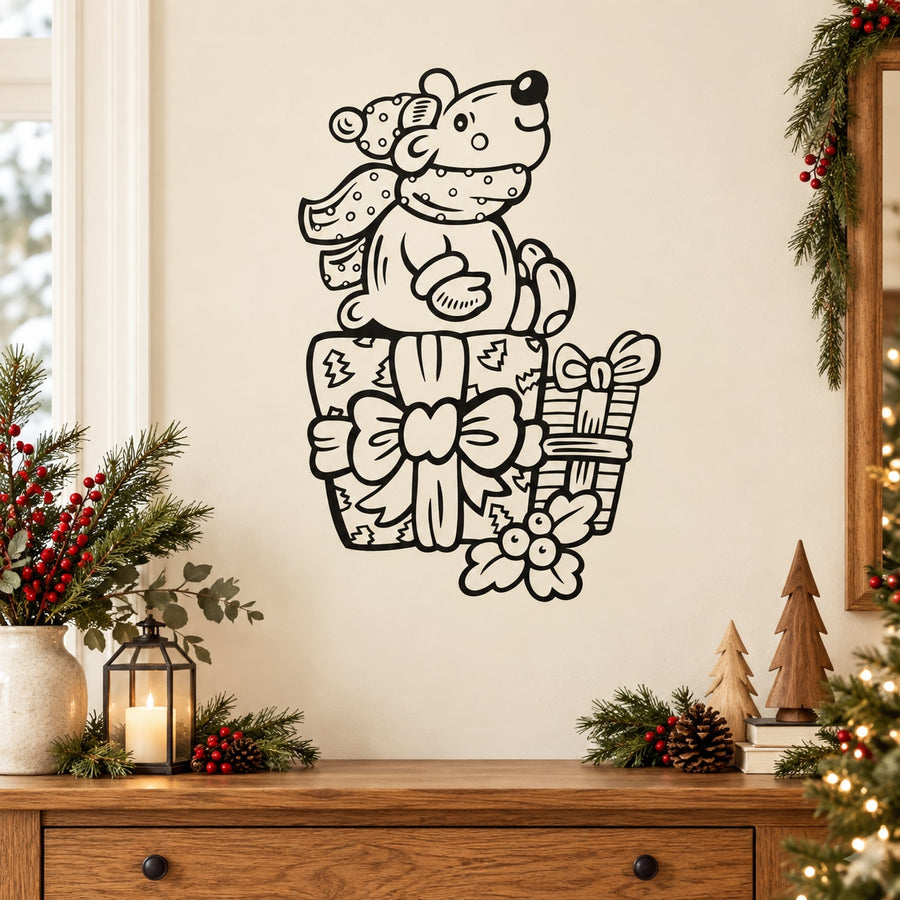 Bear sitting on presents wall decal, black outline with white fill, holiday gift design