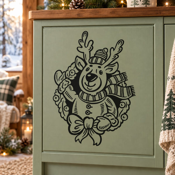 Waving reindeer Christmas wreath decal in black line art