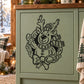 Waving reindeer Christmas wreath decal in black line art