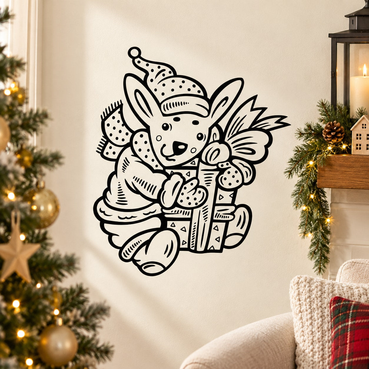 Winter rabbit decal in black-and-white line art, wearing a hat and holding a gift