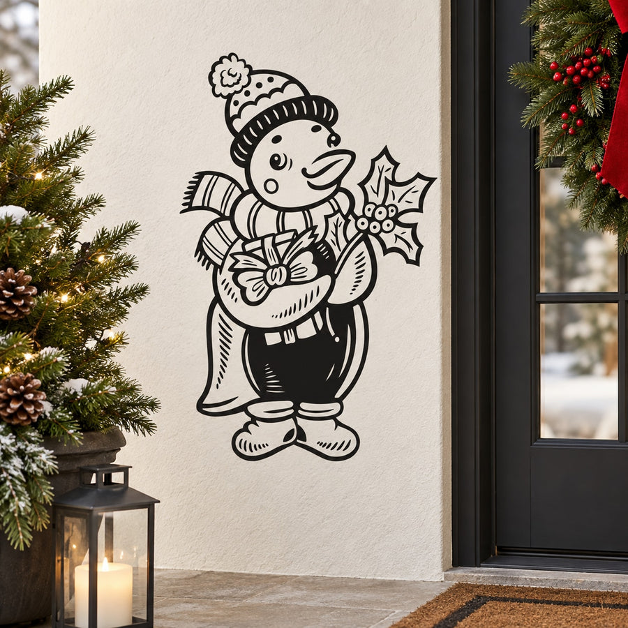 Christmas penguin character wall decal holding a festive wreath and star