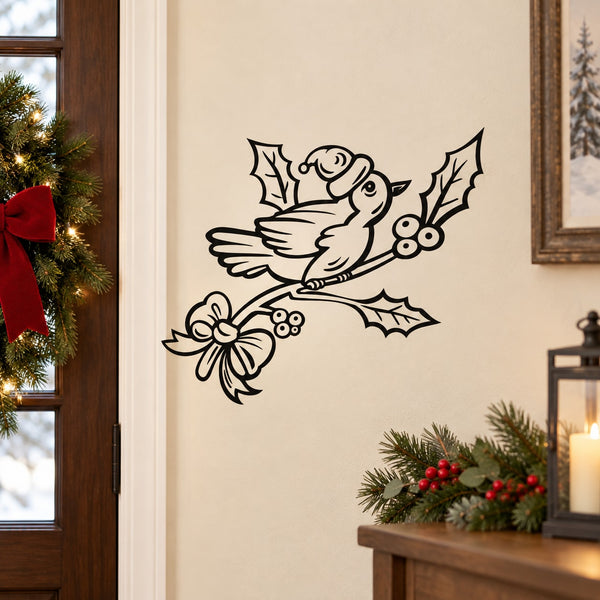 Black outline bird on holly branch wall decal with berries and leaves