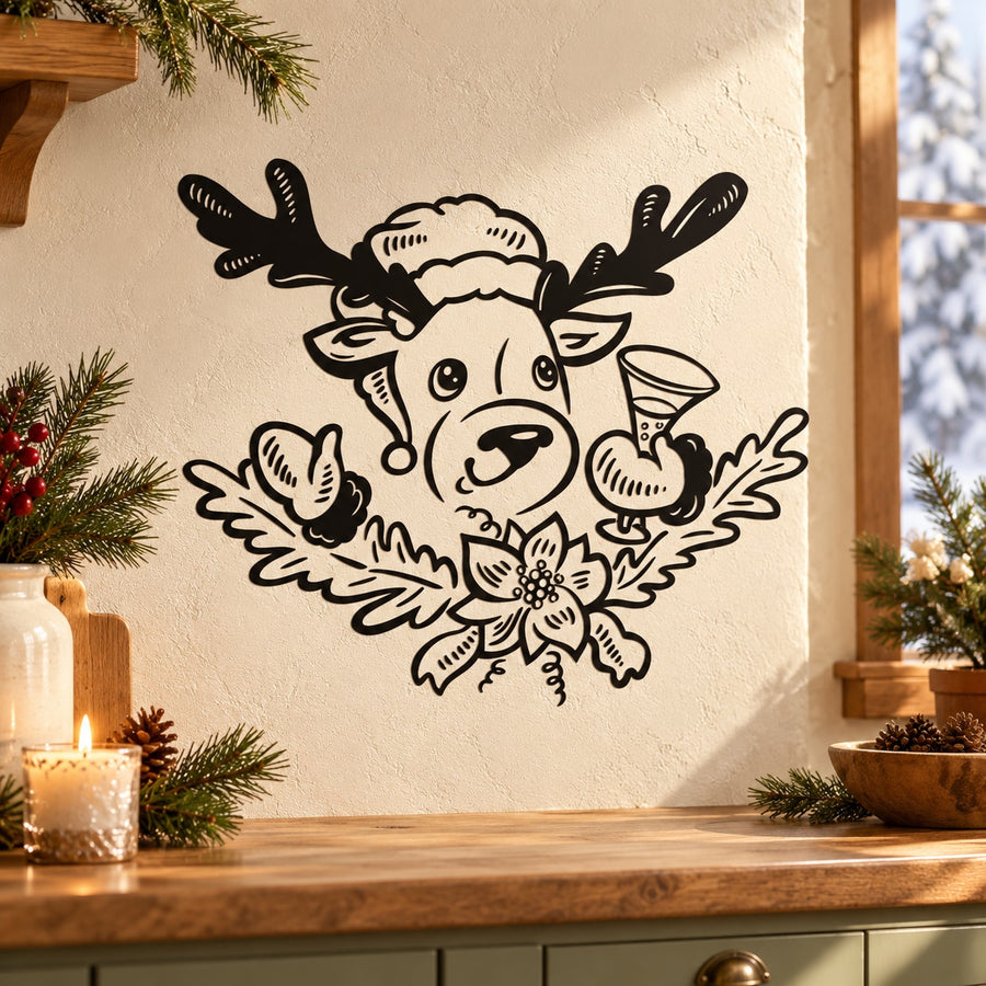 Reindeer and floral wreath wall decal in black