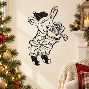 Christmas bunny holding stocking wall decal, black-and-white line art