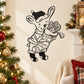 Christmas bunny holding stocking wall decal, black-and-white line art