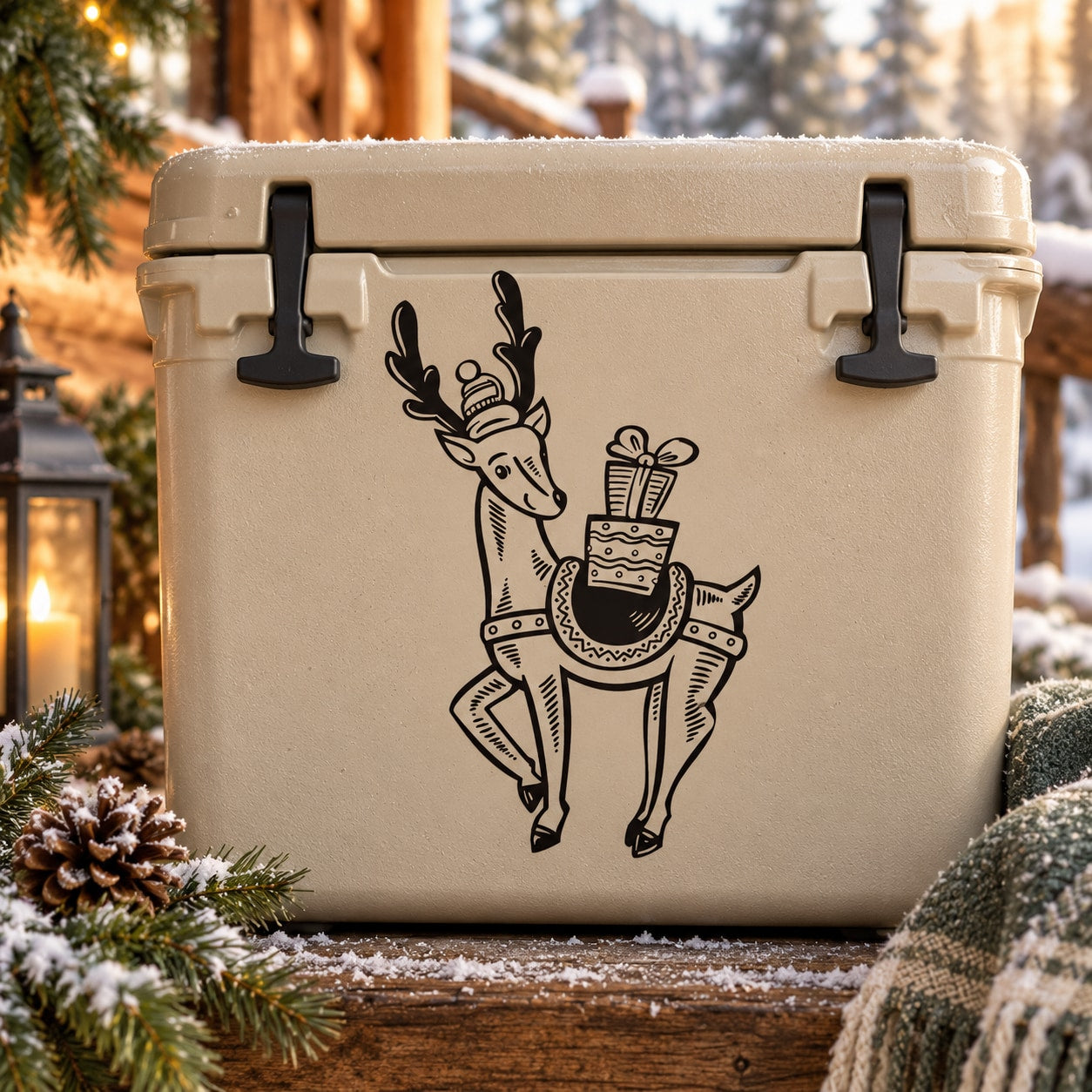 Black reindeer holding a gift box decorative decal on a light beige container