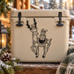 Black reindeer holding a gift box decorative decal on a light beige container