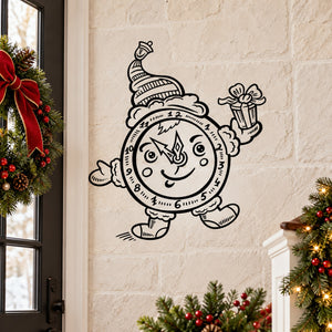Christmas clock character decal: cute cartoon clock with waving arms and bell hat, outline style