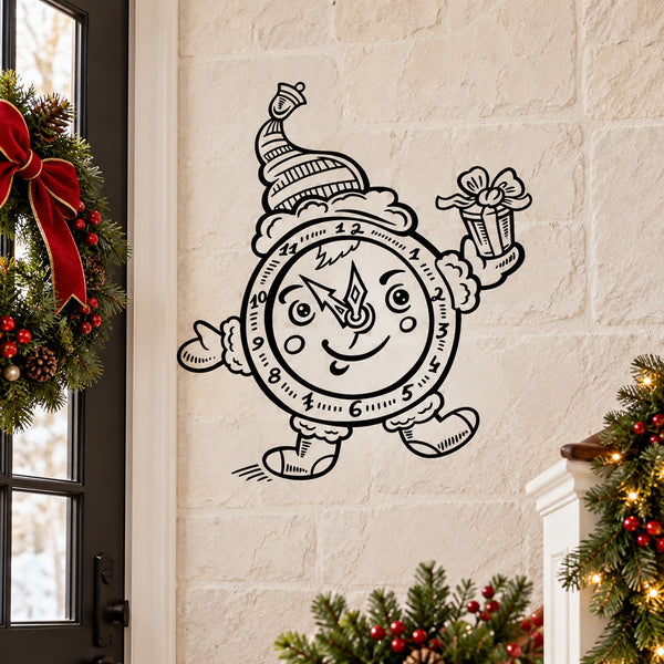 Christmas clock character decal: cute cartoon clock with waving arms and bell hat, outline style