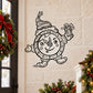 Christmas clock character decal: cute cartoon clock with waving arms and bell hat, outline style