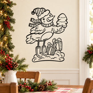 Black outline bird decal holding a wrapped gift, standing on decorative clouds.