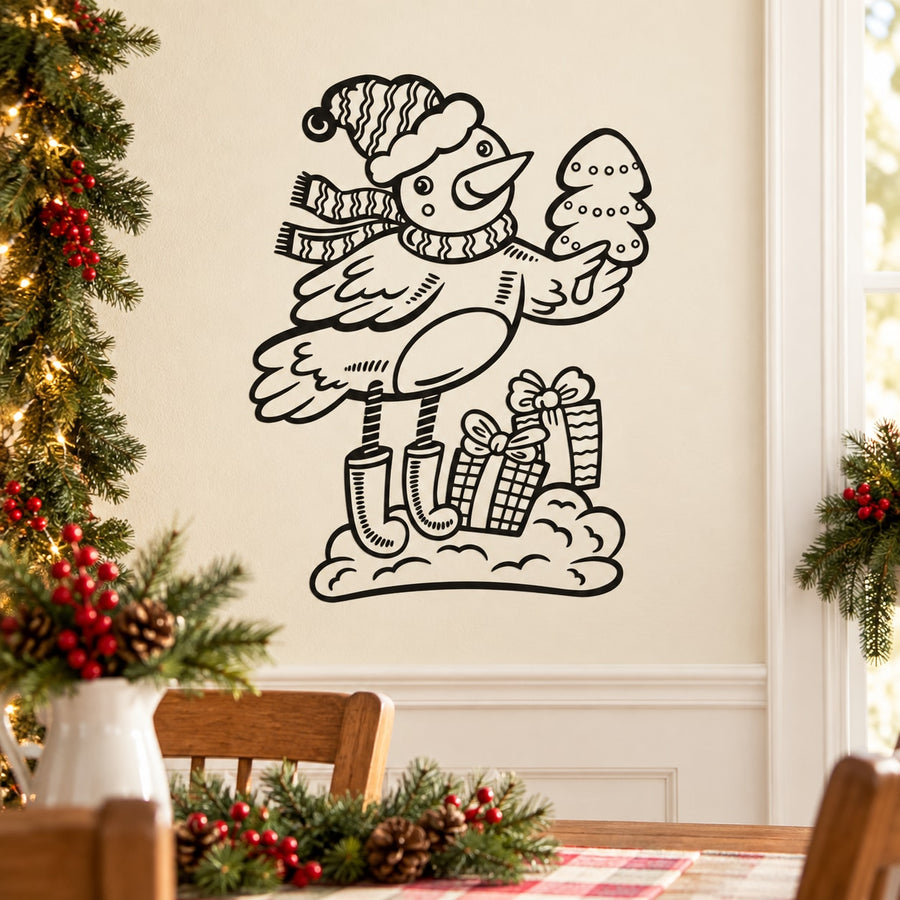 Black outline bird decal holding a wrapped gift, standing on decorative clouds.