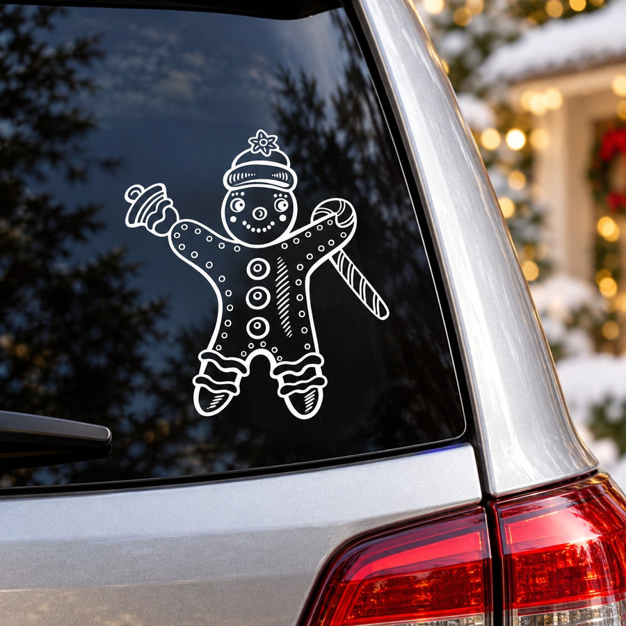 Gingerbread man window decal with candy cane, outlined in white on dark glass