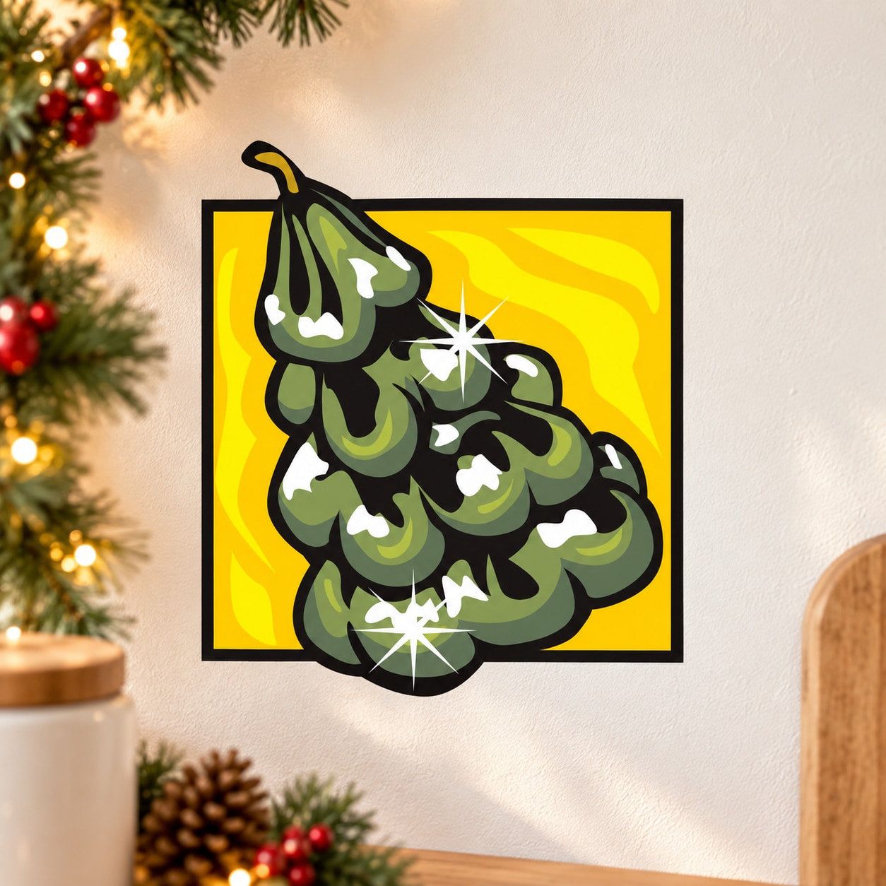 Square Christmas tree candle sticker, dark green tree with white candles and star sparkles