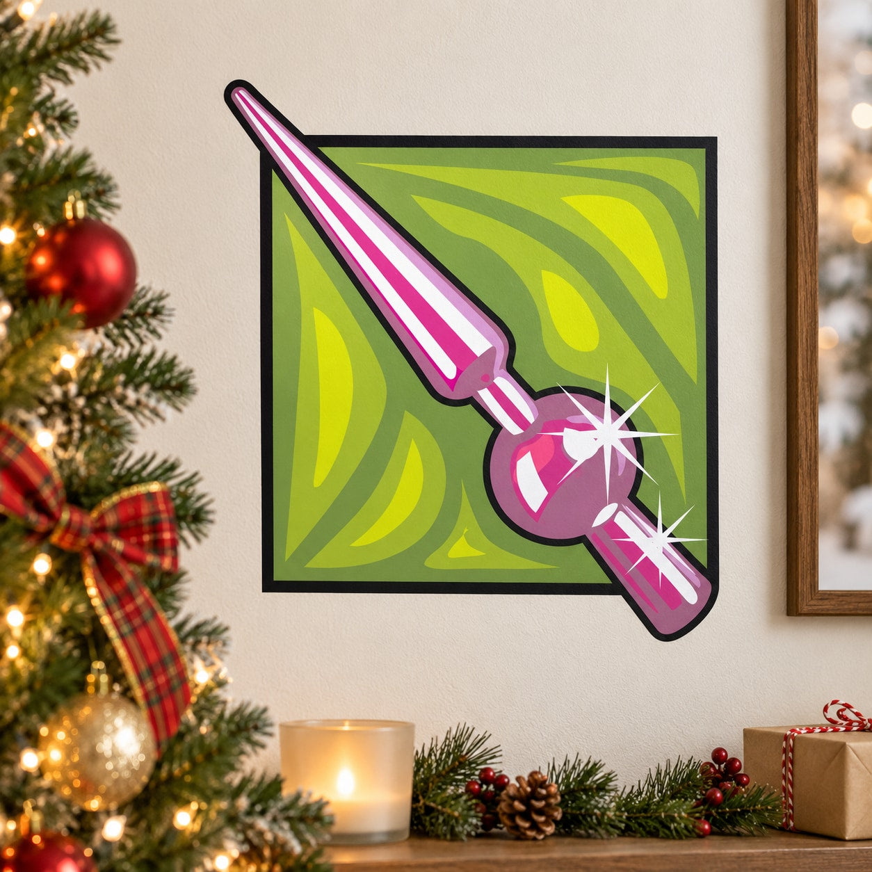 Christmas tree topper sticker with striped pink wand and sparkle star accents