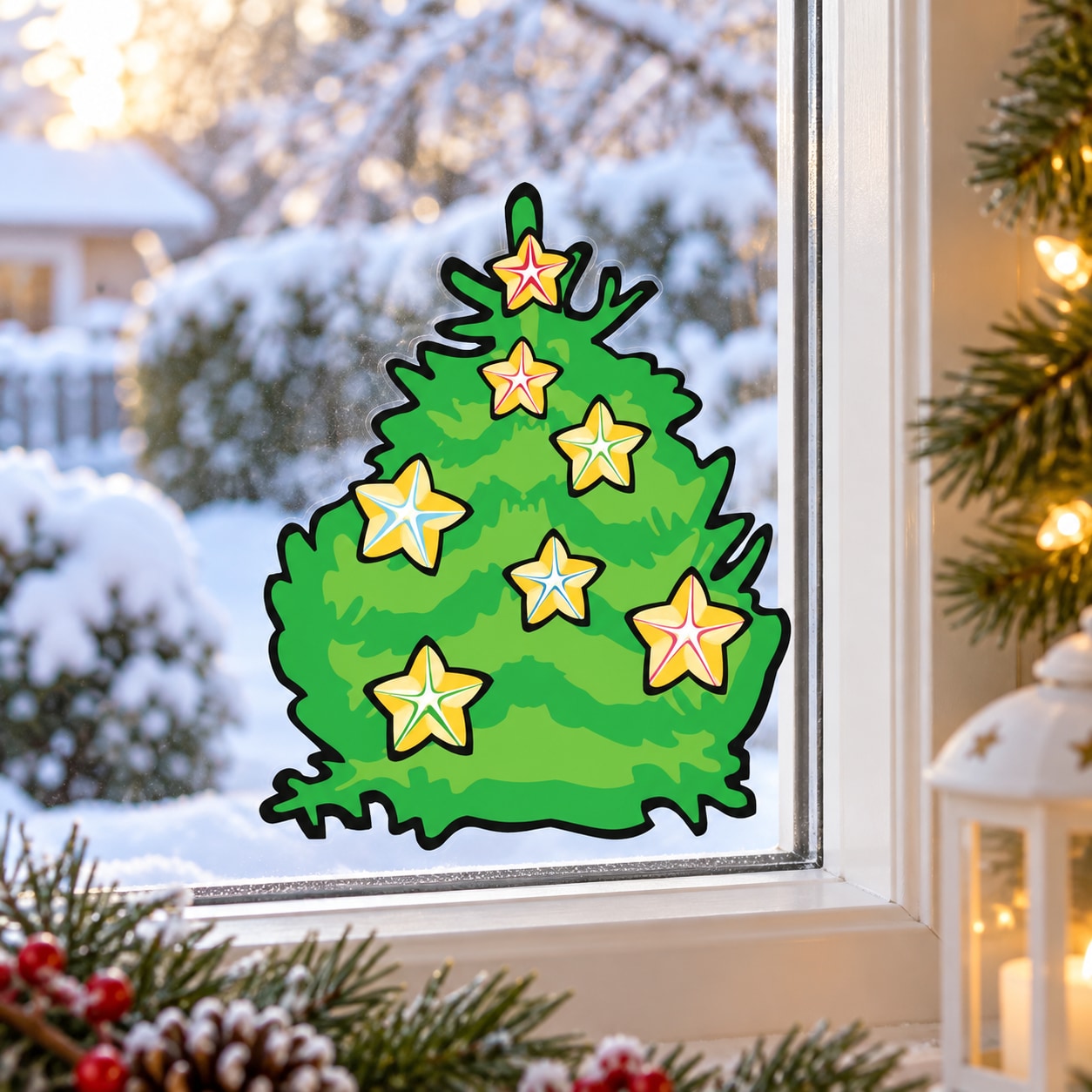 Green Christmas tree sticker with colorful star accents