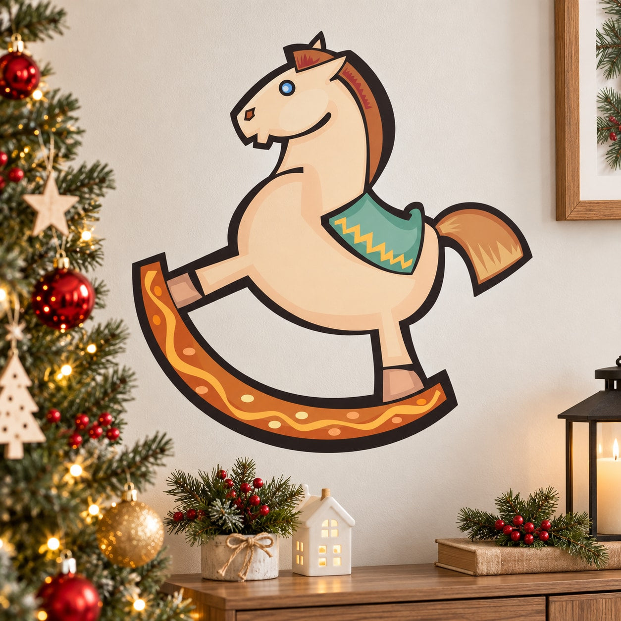 Rocking horse Christmas decoration sticker, cream cartoon horse on orange rocker
