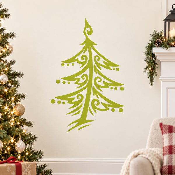 Green Christmas tree wall decal with curved ornaments and star topper