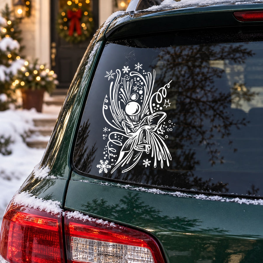 Green car rear window with white intricate snowflake angel decal