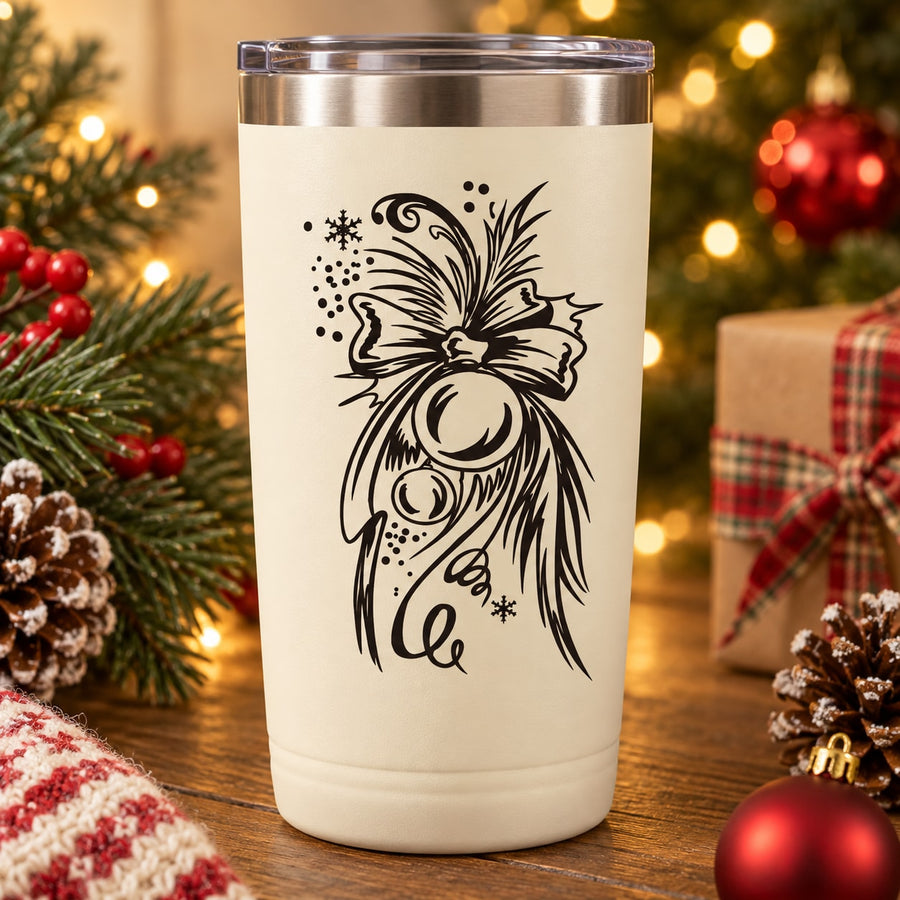 White insulated tumbler with black intricate ornament decal
