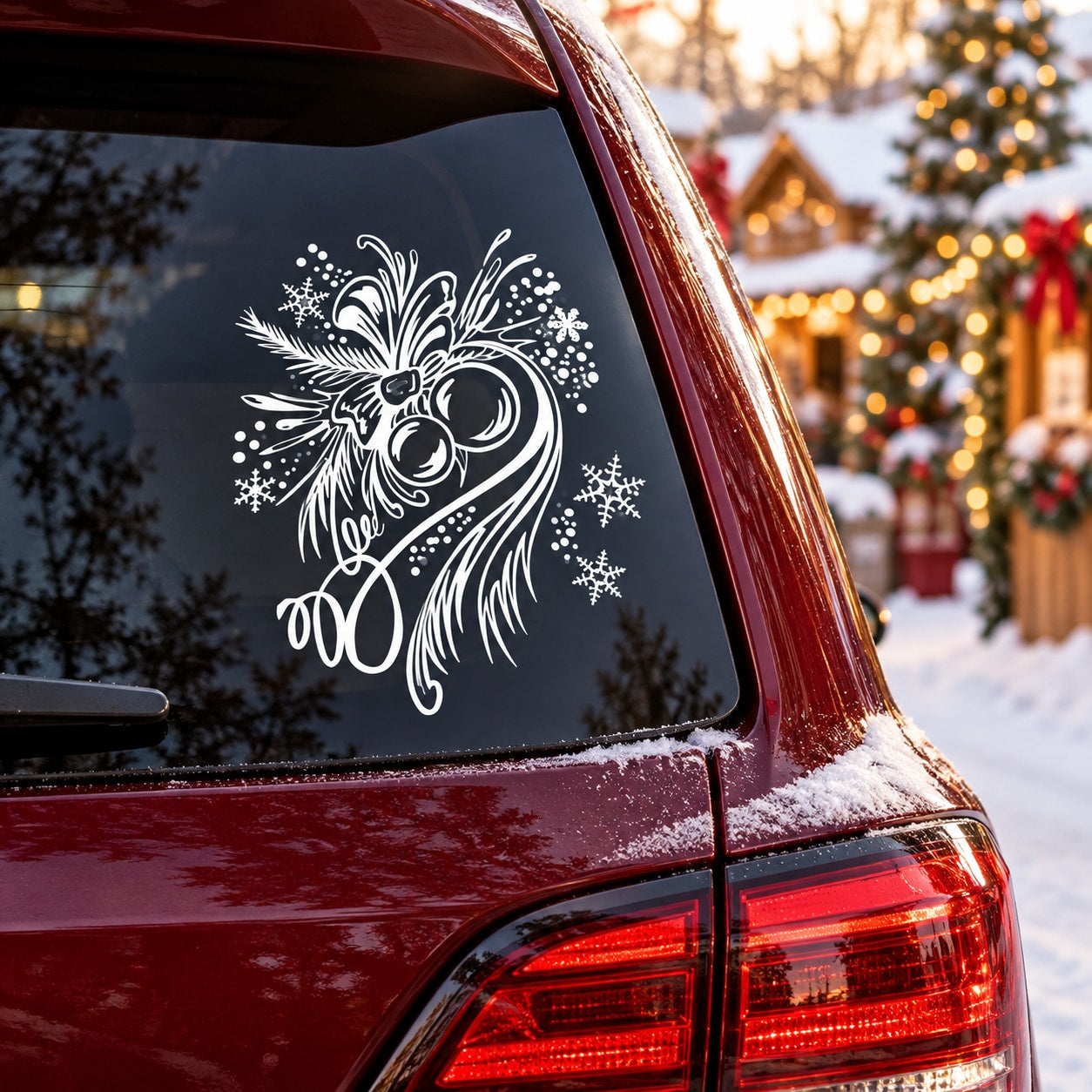 White ornamental snowflake decal with swirl bird design on dark car window